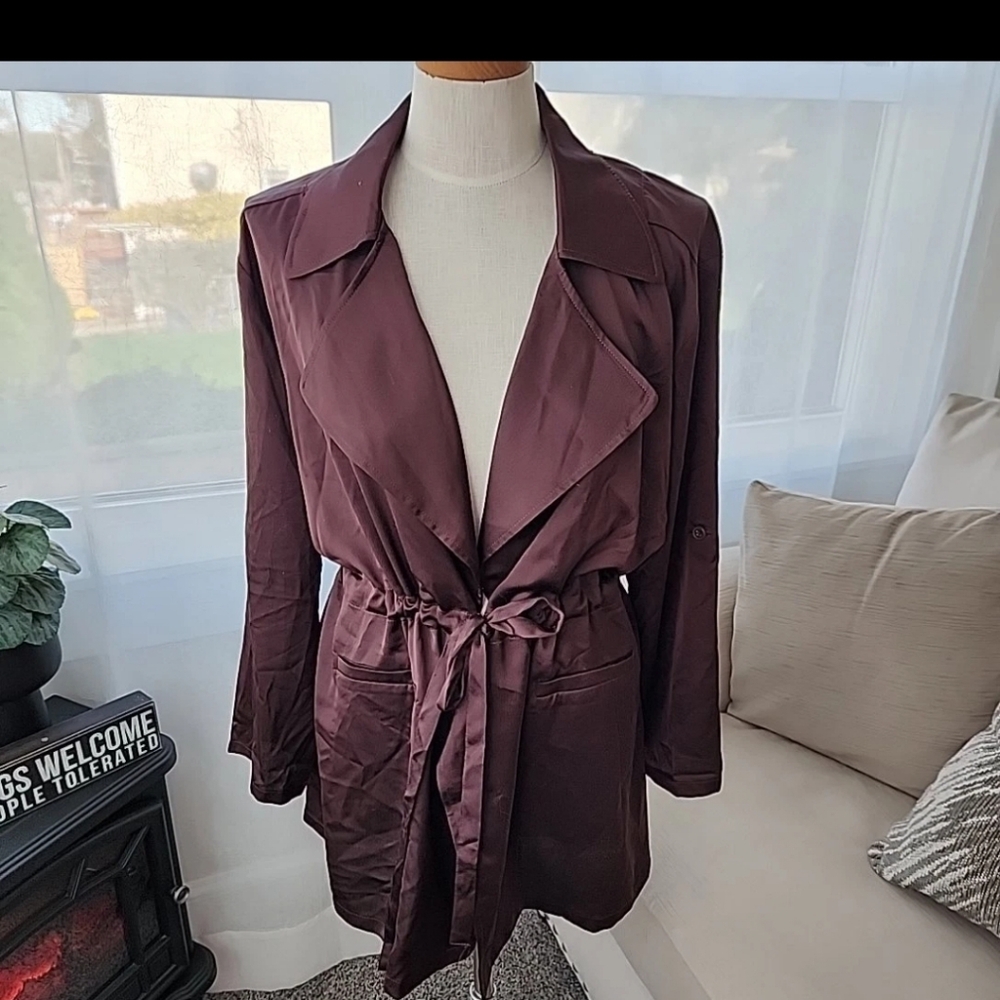 Nina Leonard Hammered Satin Drawstring Waist Jacket Size L Chocolate Career